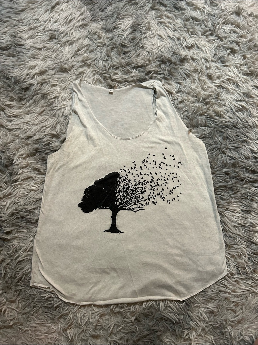 SHEIN Cream Tank Top with Black Tree & Bird Graphic